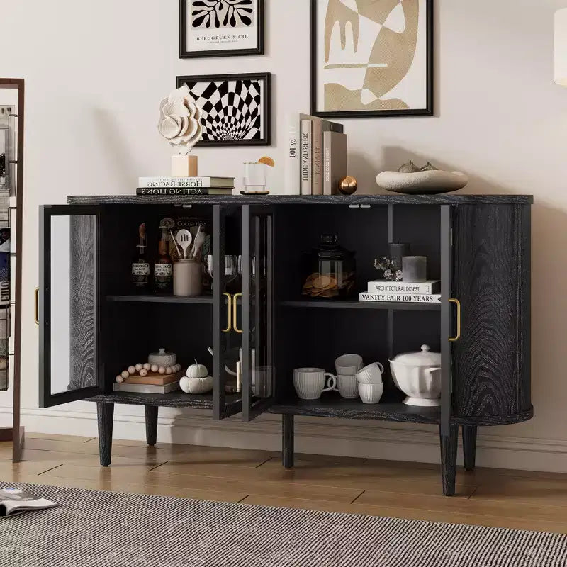 Buffet en Bois, Meuble de Rangement avec Gestion des Câbles, Portes en Verre Trempé, Étagères Réglables, Meuble Console pour Cuisine, Salle à Manger