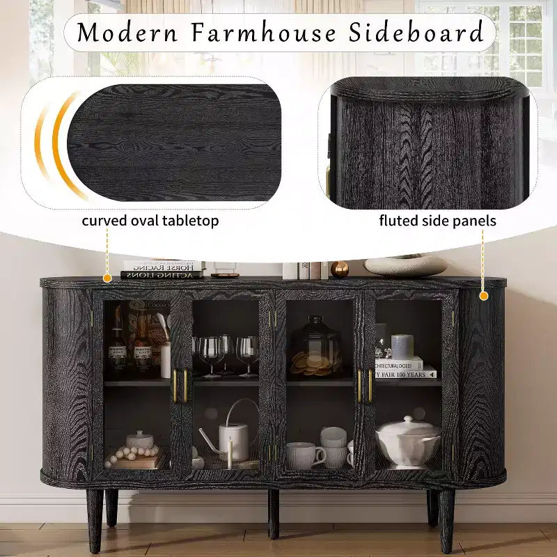 Buffet en Bois, Meuble de Rangement avec Gestion des Câbles, Portes en Verre Trempé, Étagères Réglables, Meuble Console pour Cuisine, Salle à Manger