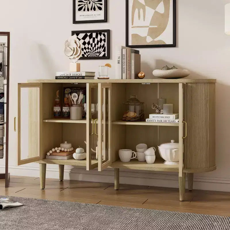 Buffet en Bois, Meuble de Rangement avec Gestion des Câbles, Portes en Verre Trempé, Étagères Réglables, Meuble Console pour Cuisine, Salle à Manger