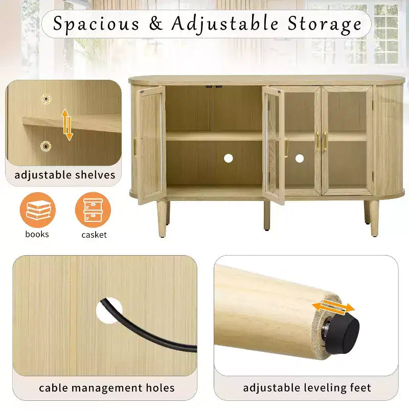 Buffet en Bois, Meuble de Rangement avec Gestion des Câbles, Portes en Verre Trempé, Étagères Réglables, Meuble Console pour Cuisine, Salle à Manger