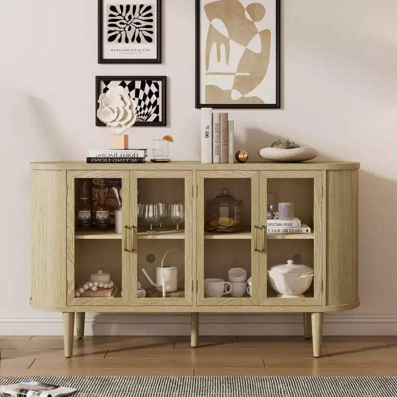 Buffet en Bois, Meuble de Rangement avec Gestion des Câbles, Portes en Verre Trempé, Étagères Réglables, Meuble Console pour Cuisine, Salle à Manger