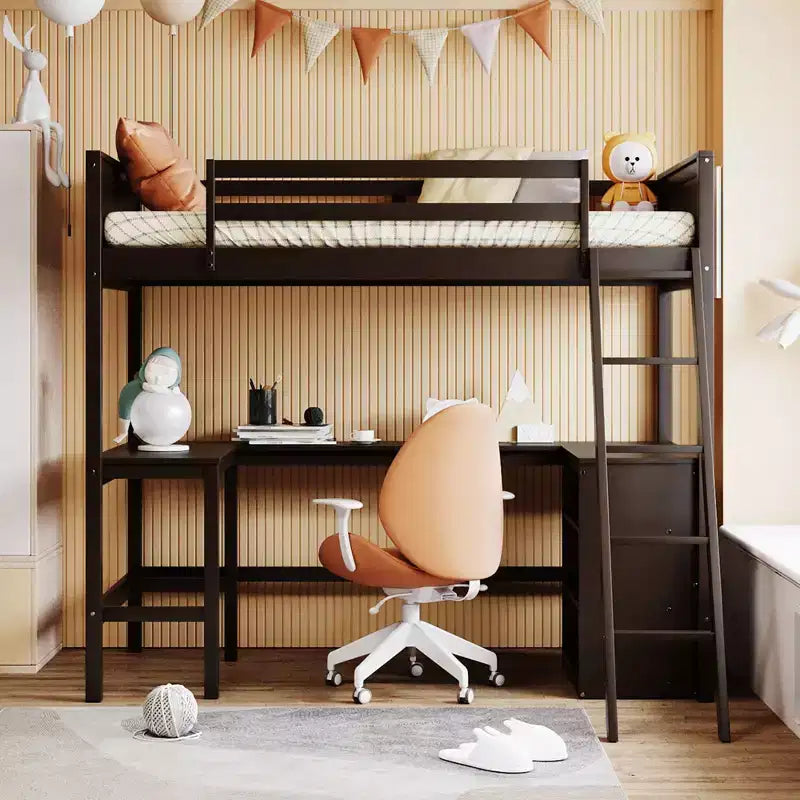 Lit mezzanine en bois, taille double, avec étagères et bureau