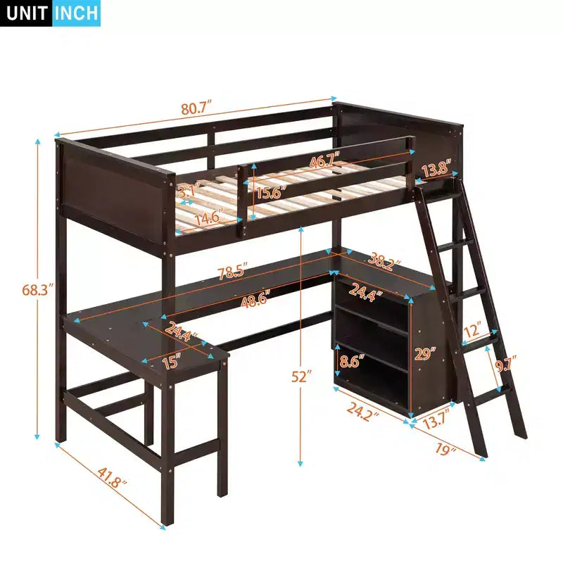 Lit mezzanine en bois, taille double, avec étagères et bureau