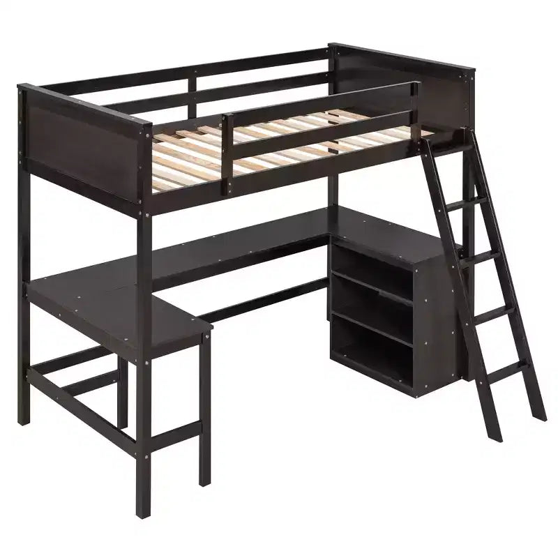 Lit mezzanine en bois, taille double, avec étagères et bureau