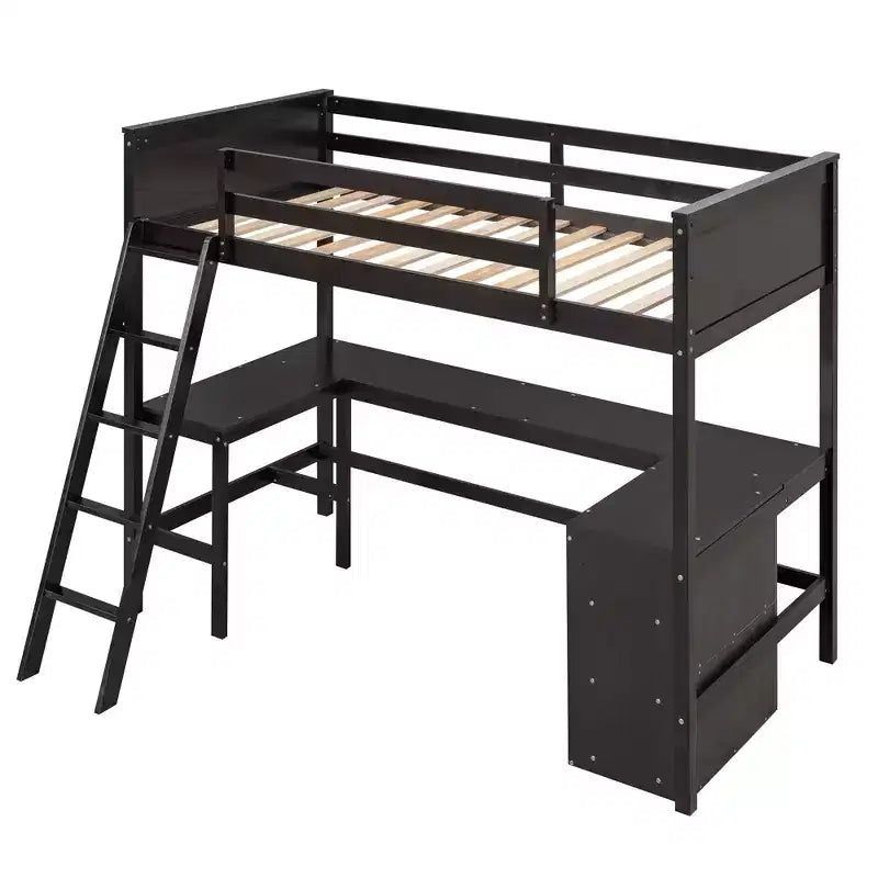 Lit mezzanine en bois, taille double, avec étagères et bureau