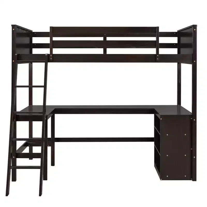Lit mezzanine en bois, taille double, avec étagères et bureau