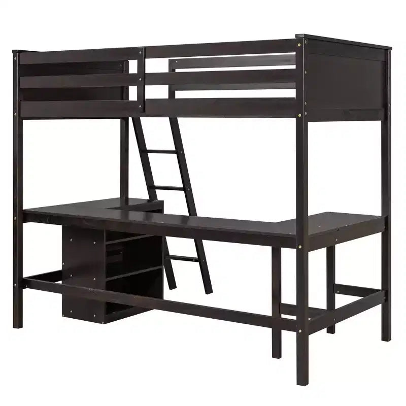 Lit mezzanine en bois, taille double, avec étagères et bureau