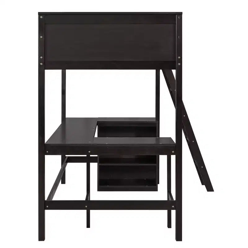 Lit mezzanine en bois, taille double, avec étagères et bureau