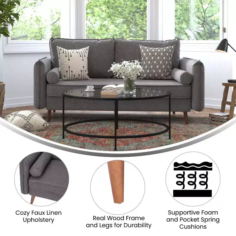 Canapé capitonné de style Mid-Century Modern avec ressorts ensachés, pieds en bois et coussins de dossier amovibles