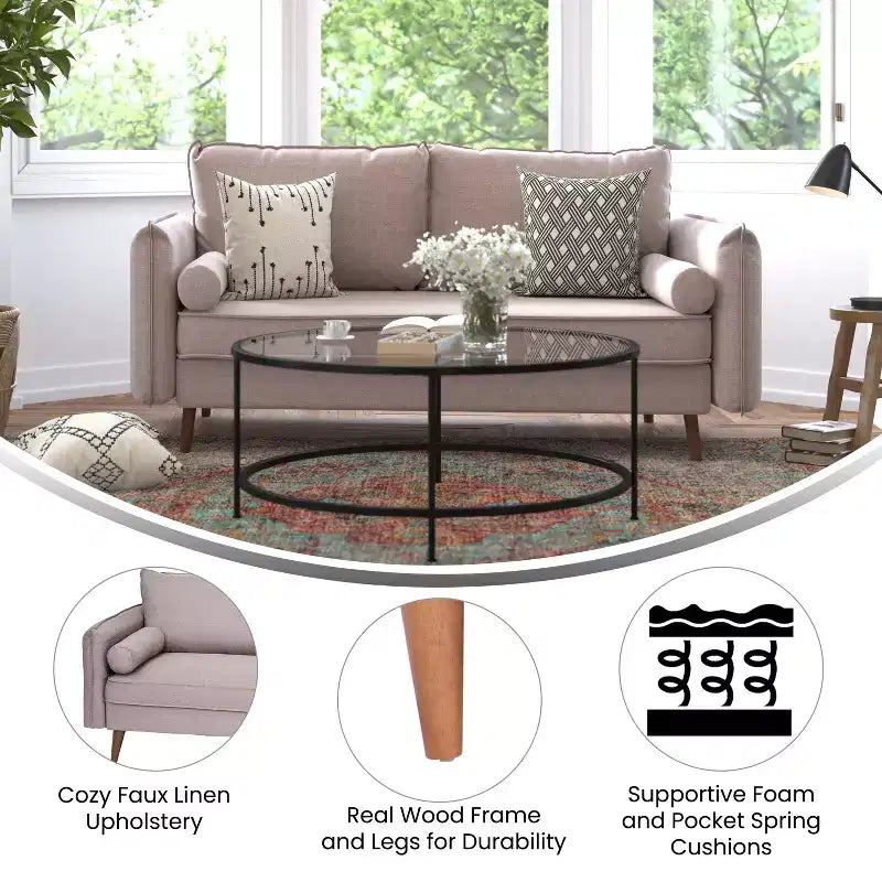 Canapé capitonné de style Mid-Century Modern avec ressorts ensachés, pieds en bois et coussins de dossier amovibles