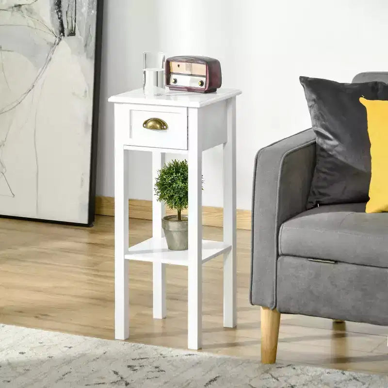 Table d'appoint avec tiroir, table d'appoint étroite avec étagère inférieure, pour salon ou chambre à coucher Blanc