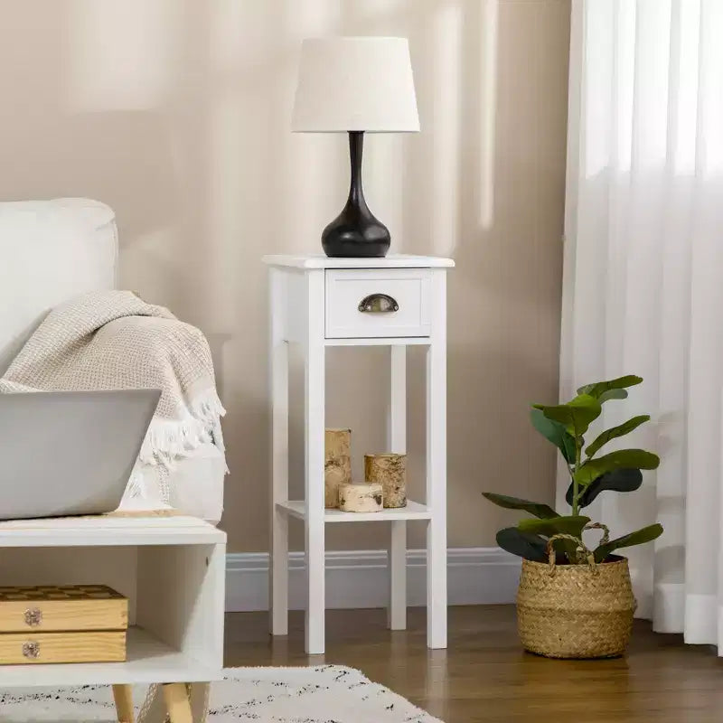 Table d'appoint avec tiroir, table d'appoint étroite avec étagère inférieure, pour salon ou chambre à coucher Blanc