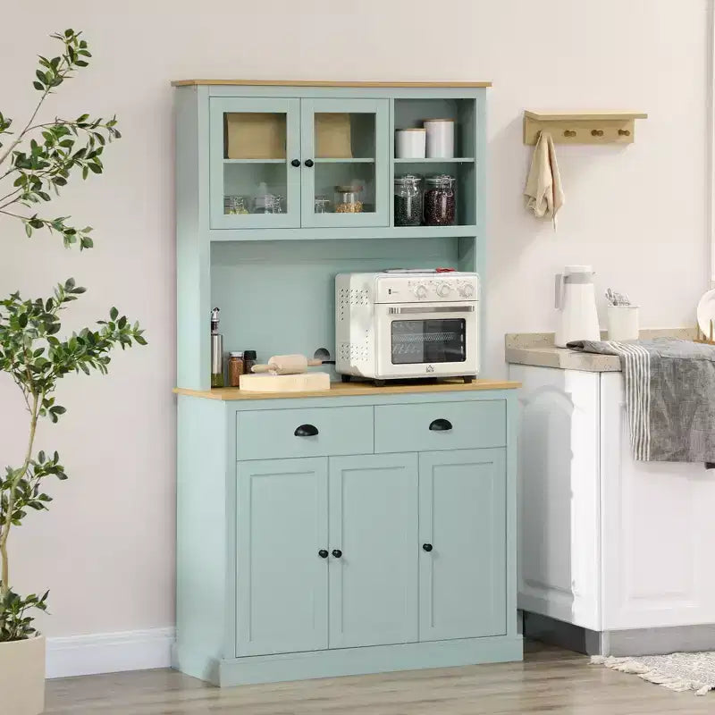 71 Meuble de rangement autonome, Buffet de cuisine avec huche, Armoire de rangement moderne avec tiroirs, portes vitrées et étagères réglables, Vert clair