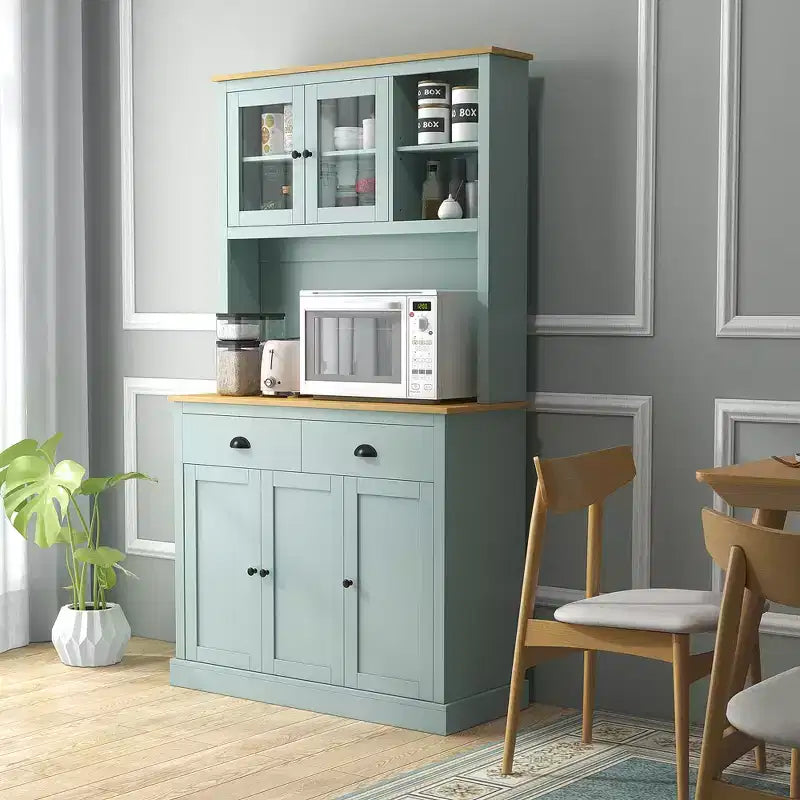 71 Meuble de rangement autonome, Buffet de cuisine avec huche, Armoire de rangement moderne avec tiroirs, portes vitrées et étagères réglables, Vert clair
