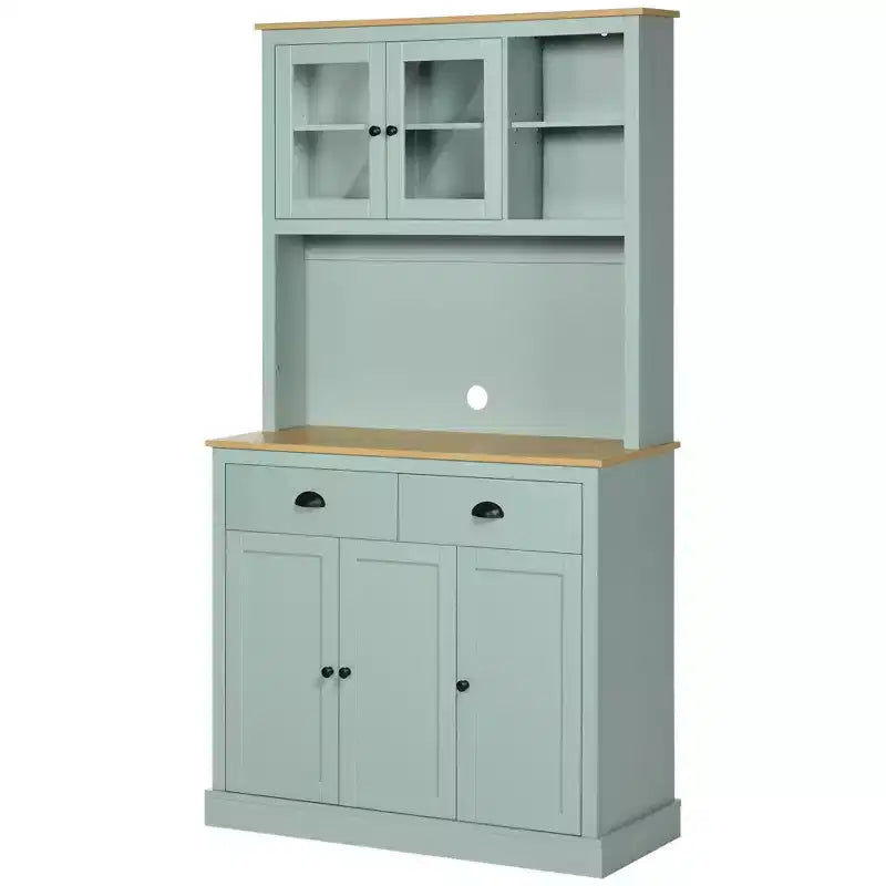 71 Meuble de rangement autonome, Buffet de cuisine avec huche, Armoire de rangement moderne avec tiroirs, portes vitrées et étagères réglables, Vert clair