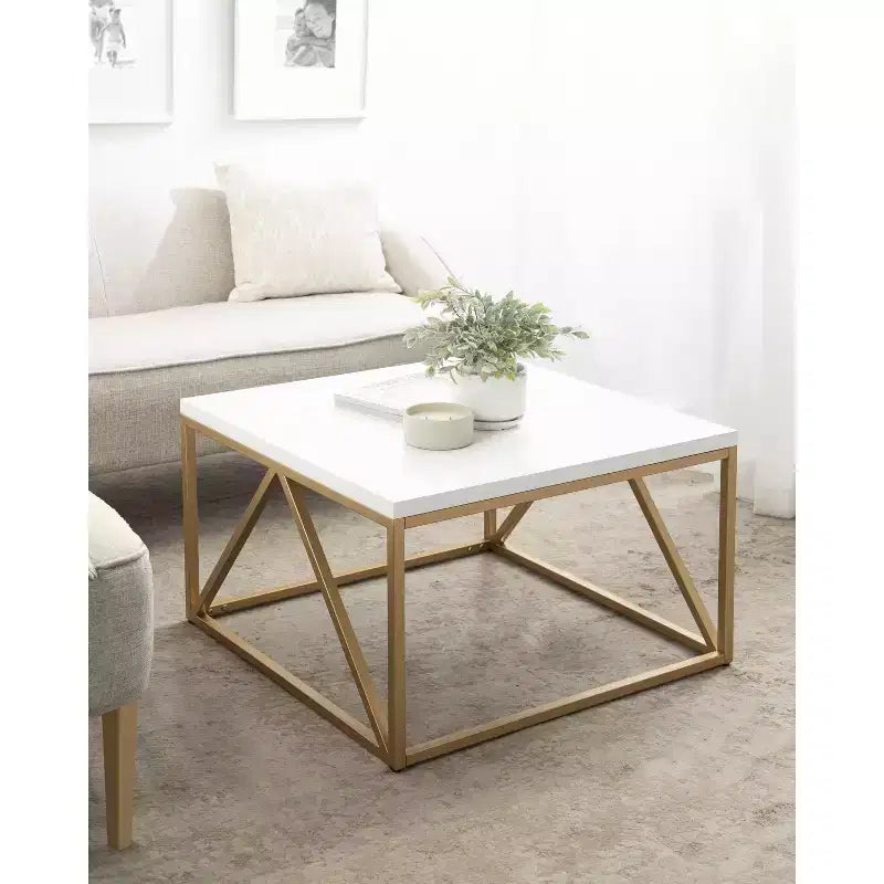 Table basse carrée en MDF, 71x71x46 cm, Blanc et doré