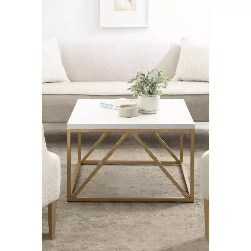 Table basse carrée en MDF, 71x71x46 cm, Blanc et doré