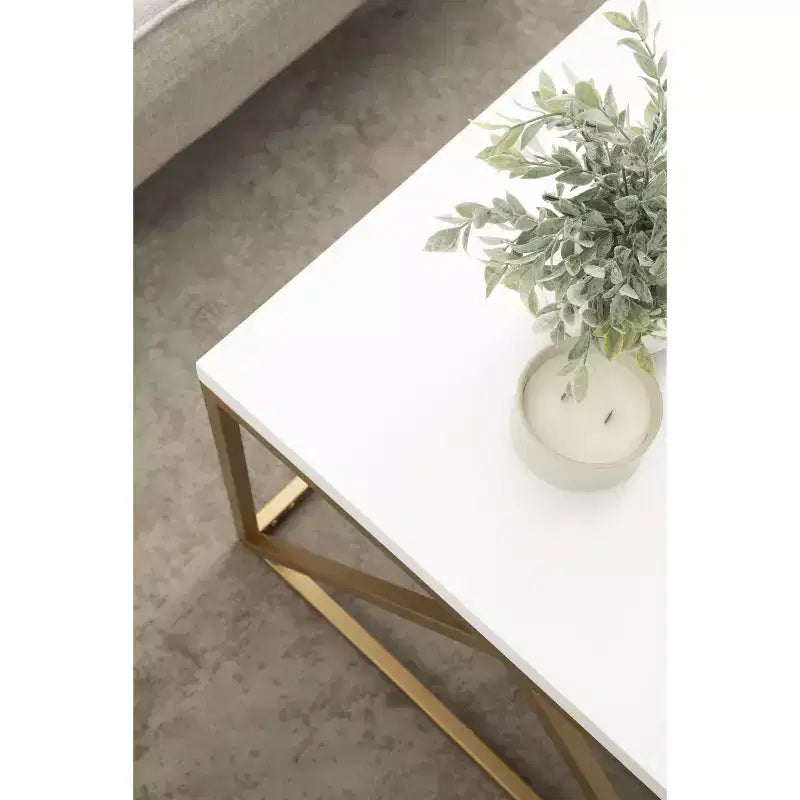 Table basse carrée en MDF, 71x71x46 cm, Blanc et doré