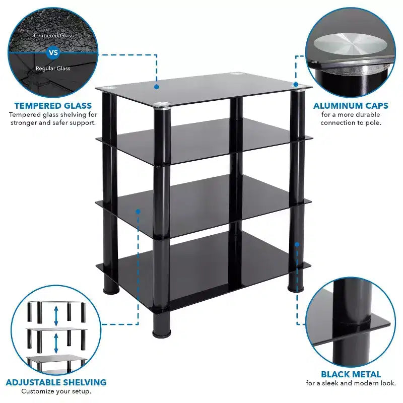 Meuble multimédia/tour audio en verre trempé avec 4 étagères, capacité de 40 kg, noir