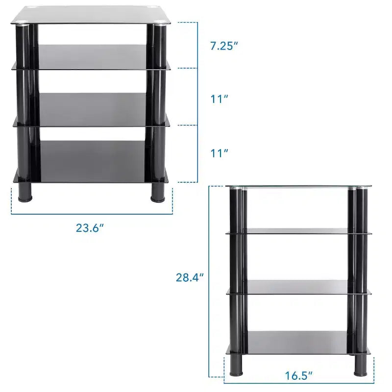 Meuble multimédia/tour audio en verre trempé avec 4 étagères, capacité de 40 kg, noir