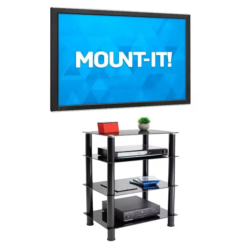 Meuble multimédia/tour audio en verre trempé avec 4 étagères, capacité de 40 kg, noir